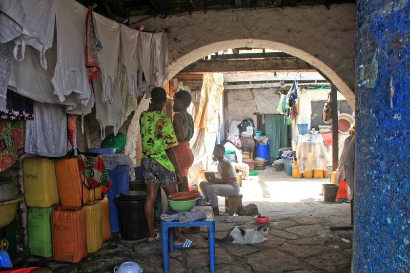 A colonial building, nearby, left side, view inside